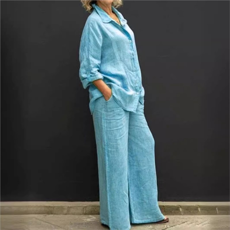 여성용 빈티지 긴팔 버튼 투피스 세트, 캐주얼 상의,  - Home Textiles Store 리뷰 및 가격